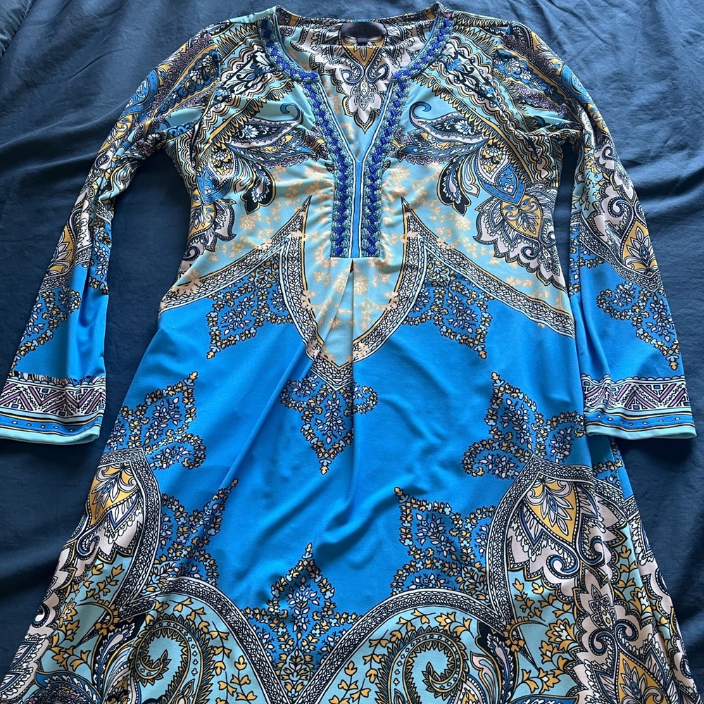 Hale Bob Blue and Gold Long Sleeve Dress